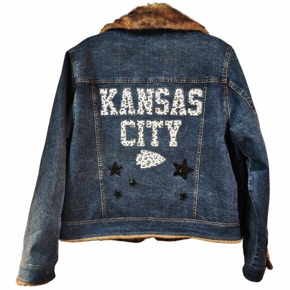 Vintage Marvin Richards Faux Fur Lined Jacket - KC Chiefs Leopard Back Design, L - Picture 1 of 7